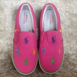 Brand New Polo Ralph Lauren Girls Pink Multicolor Pony Canvas Slip On Sneakers